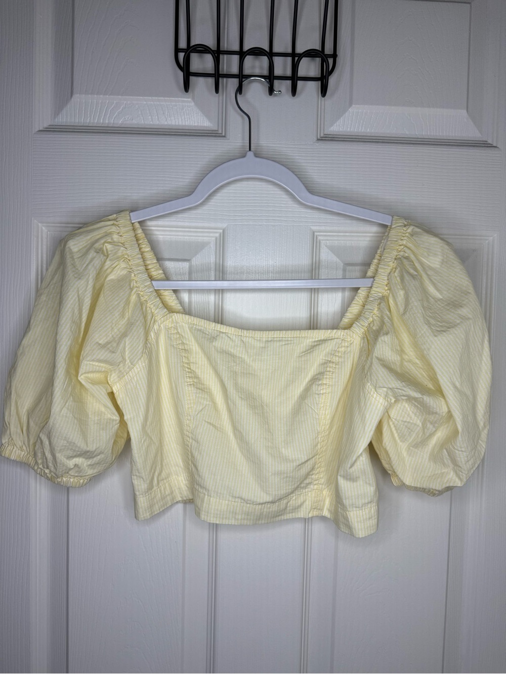 Aerie Yellow Stripe Smocked Off Shoulder Puff Sleeve Cropped Top S